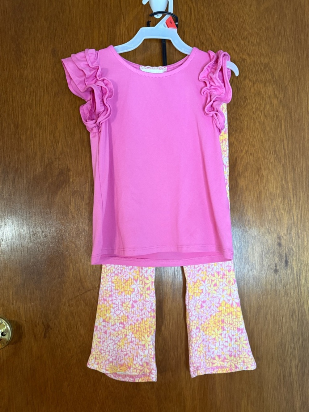 btween Pink Ruffle Sleeve Top with Pink & Yellow Floral Ribbed Pant Set